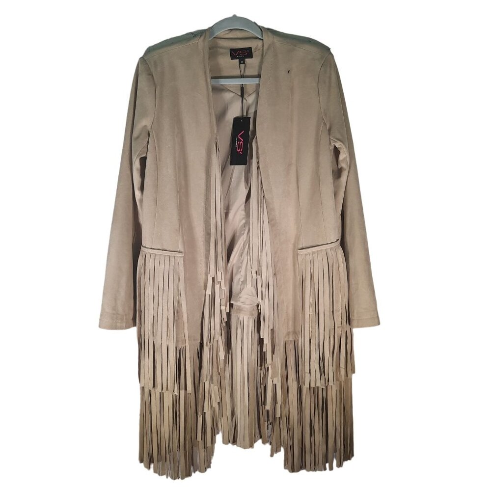 VS2 Faux Suede Fringe Open Jacket